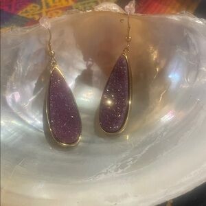 Kinsley Armelle Gold &  Purple Royal Quartz Druzy Dangle Earrings, signed